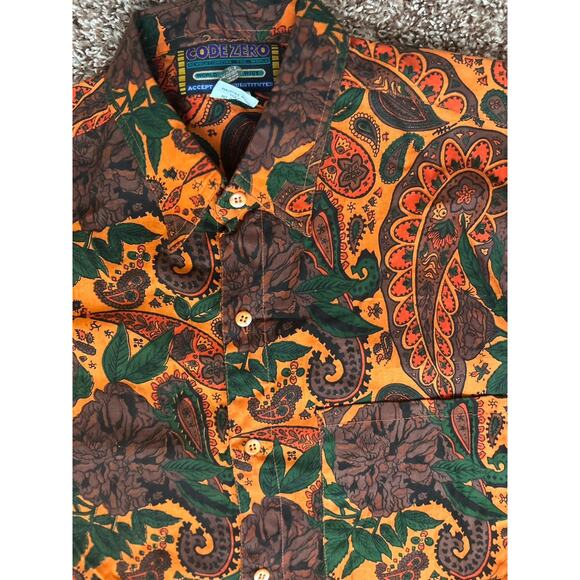 Code Zero Shirt‎ Mens Medium Orange Paisley Cotton Button Up Vintage - Picture 5 of 7